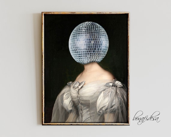 Retro Disco Ball Wall Art Feminine Bedroom Portrait Of A Woman Elegant Funny Altered Moody Print