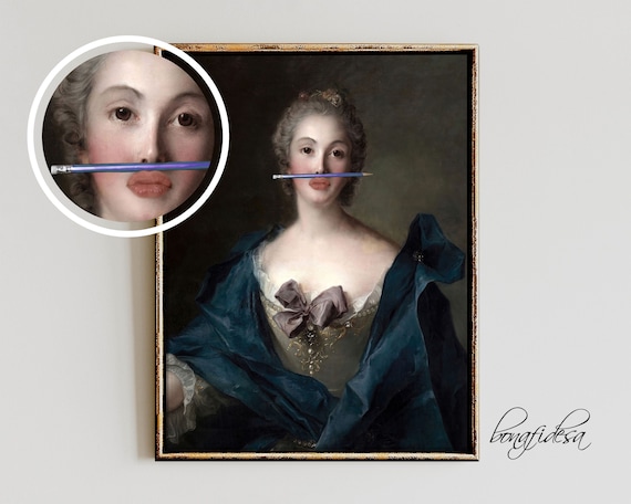 Quirky Altered Baroque Portrait Blue Pencil Eclectic Funny Poster