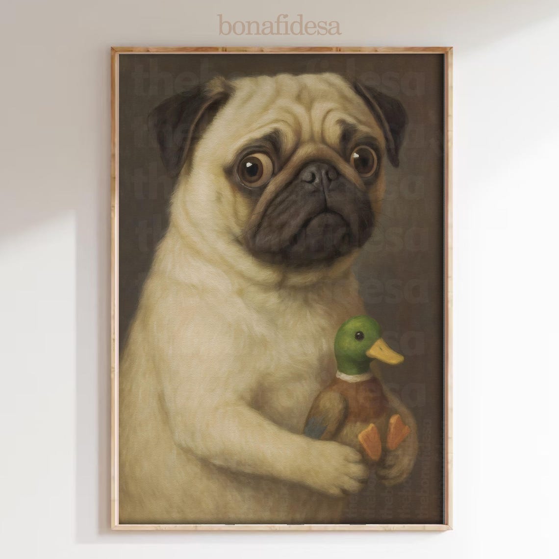 Regal Pug Holding Duck Painted Portrait Funny Dog Vintage Style Poster
