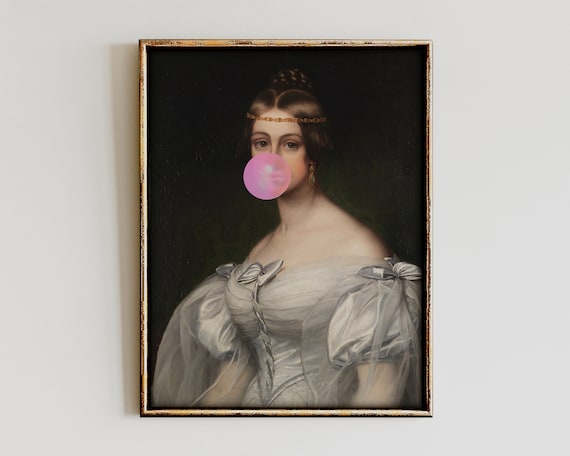 Bubble Gum Woman Portrait, Maximalist Vintage Art Print