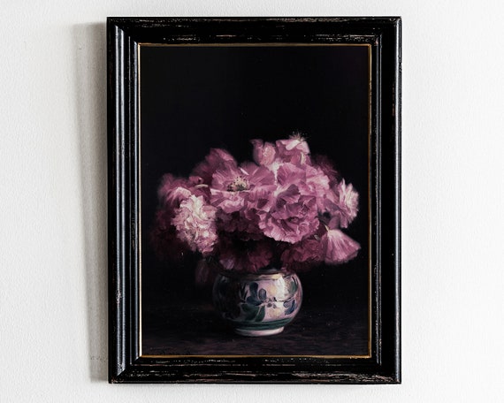 Pink Peony Wall Art Flower Still Life Painting Print Vintage Oil Flowers Dark Floral Nursery Peonies