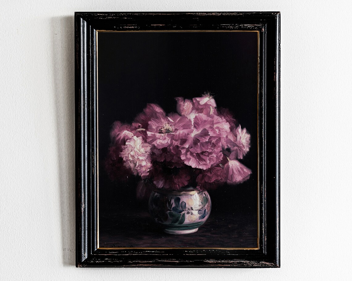 Pink Peonies in a Painted Vase Moody Dark Floral Still Life Poster
