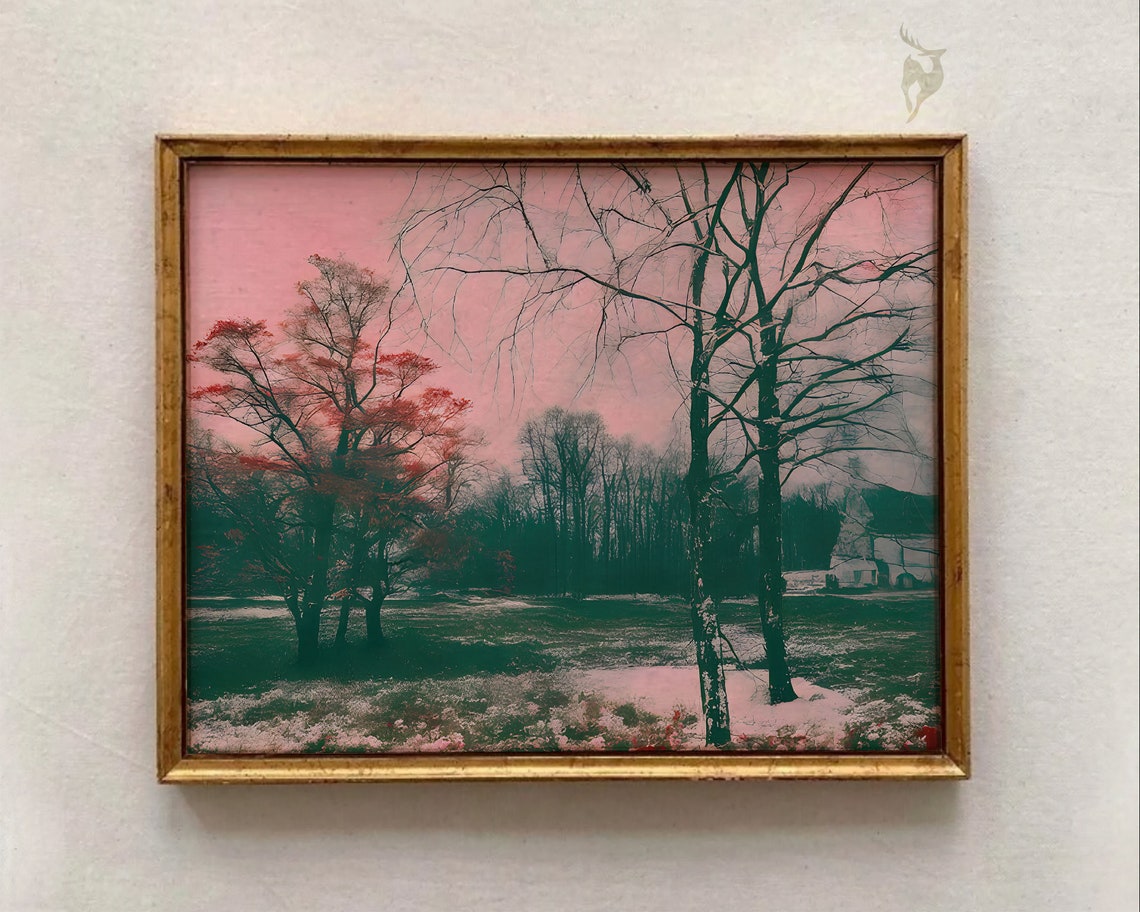 Winter Bare Trees Under Pink Sky Surreal Moody Landscape Poster