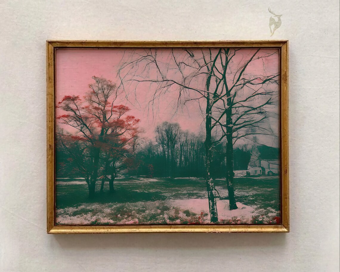 Winter Trees Under Blush Pink Sky Surreal Moody Landscape Poster