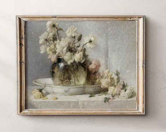 White Roses in Glass Vase Impressionist Still Life Art Poster
