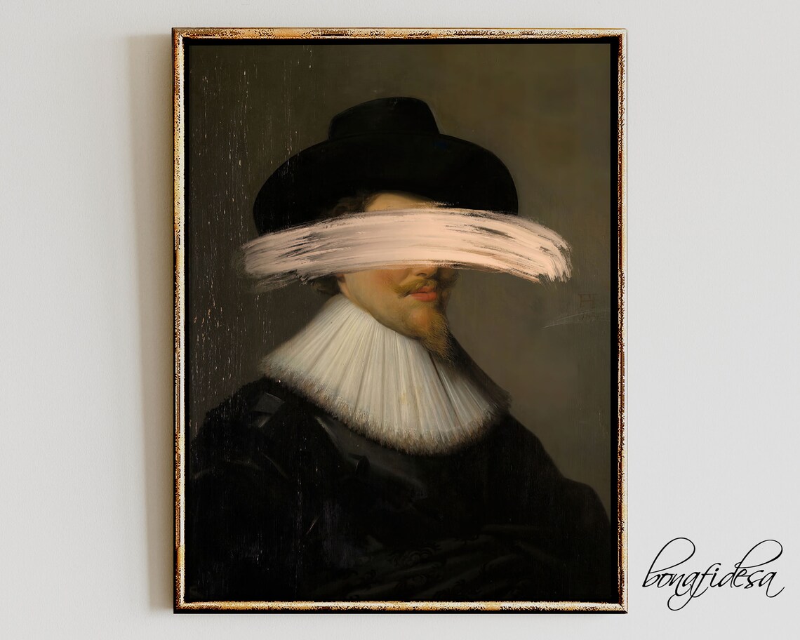Altered Baroque Gentleman in Black Hat With Blush Paint Stroke Moody Wall Art