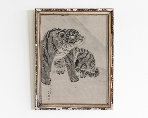 Tiger Wildcat Vintage Animal Sketchcharcoal Drawingprintable Wall Artdigital Downloadminimalist Linelight Academia Print
