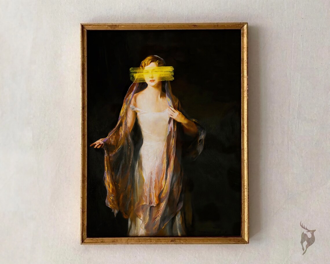 Altered Art Portrait Yellow Paint Eyes Vintage Woman Moody Wall Art