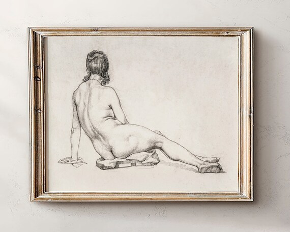 Seated Female Nude Academic Pencil Sketch Vintage Drawing Poster