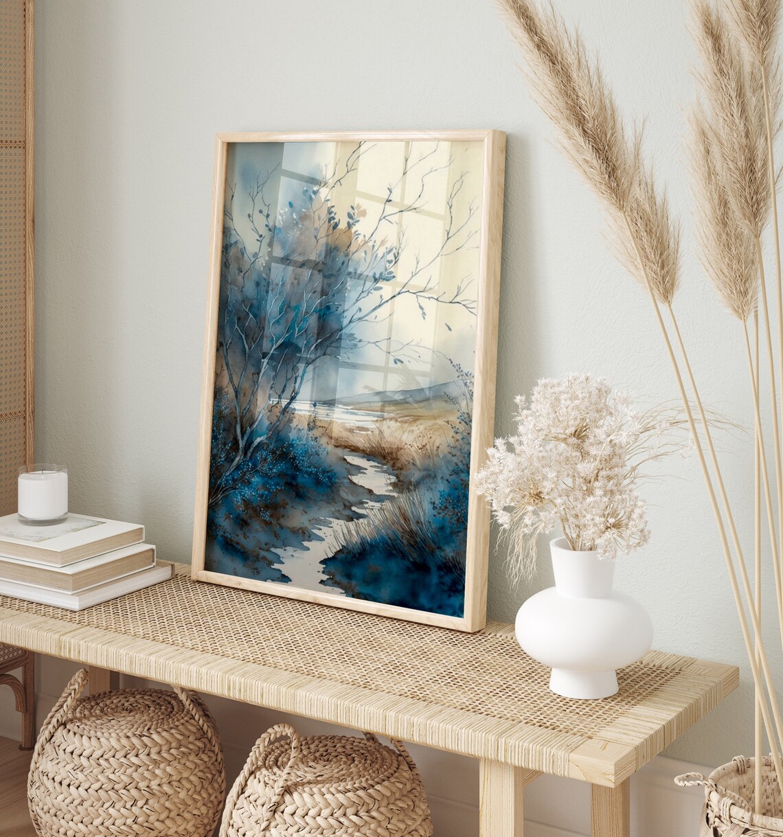 Moody Blue Marsh Bare Branches Misty Watercolour Nature Poster - Image 5