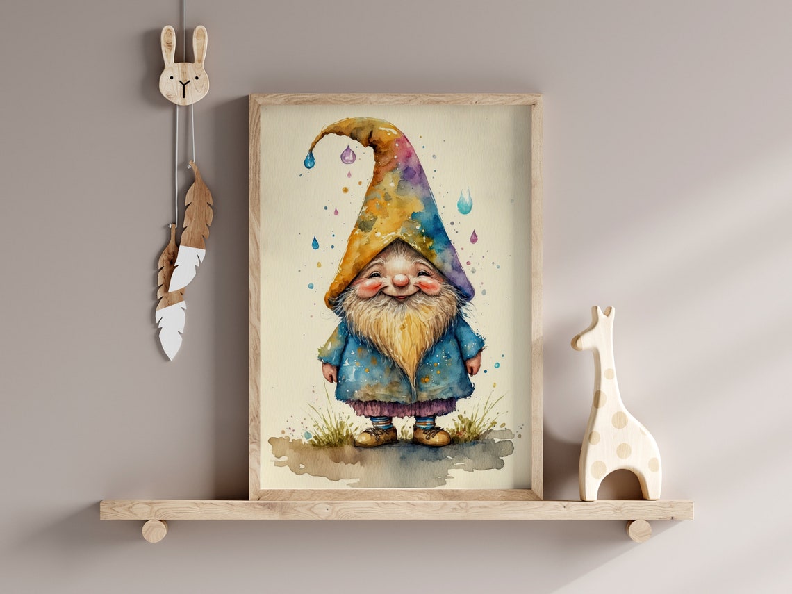 Smiling Gnome Rainbow Pointy Hat Watercolor Nursery Art Poster - Image 2