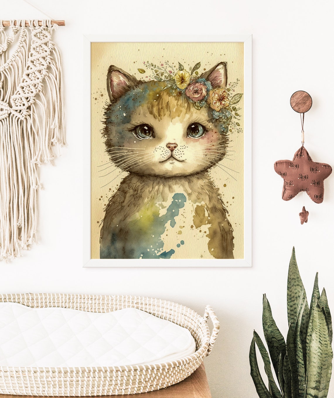 Watercolor Kitten Flower Crown Blue Eyes Cute Nursery Cat Poster - Image 5