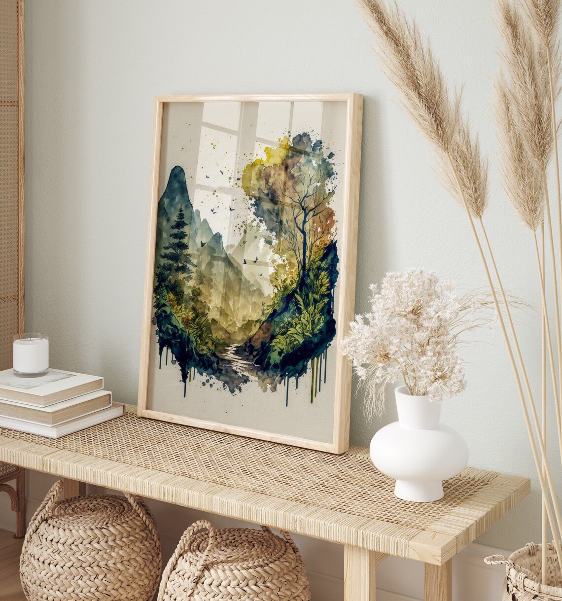 Mountain Valley Misty Watercolor Trail Birds Nature Landscape Print - Image 5