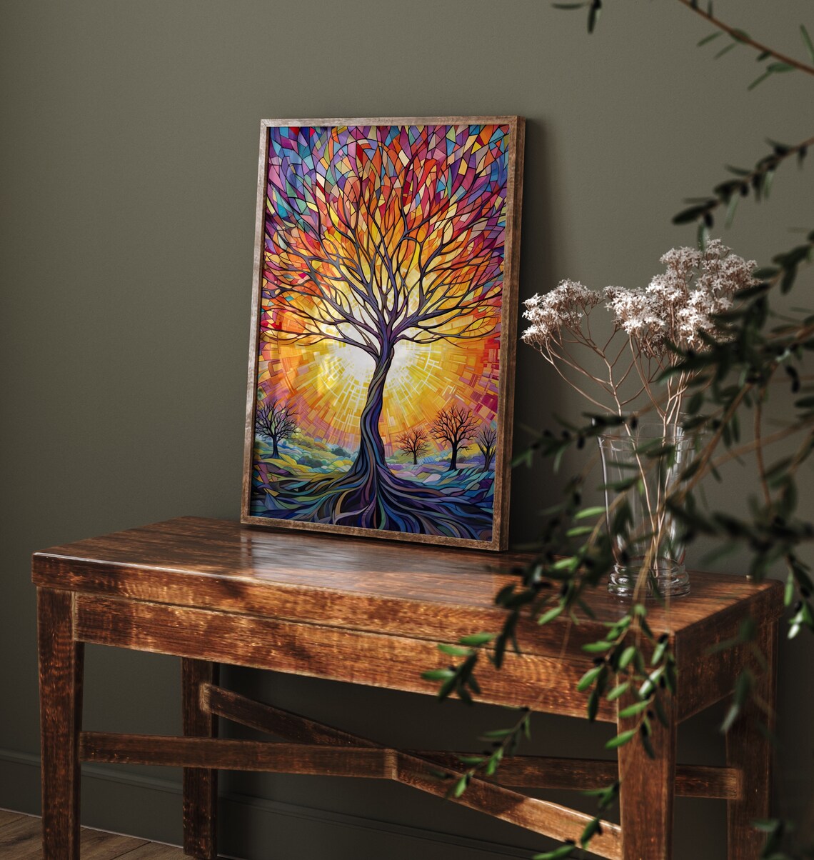 Fiery Tree Of Life Mosaic Sunset Stained Glass Nature Poster - Image 2