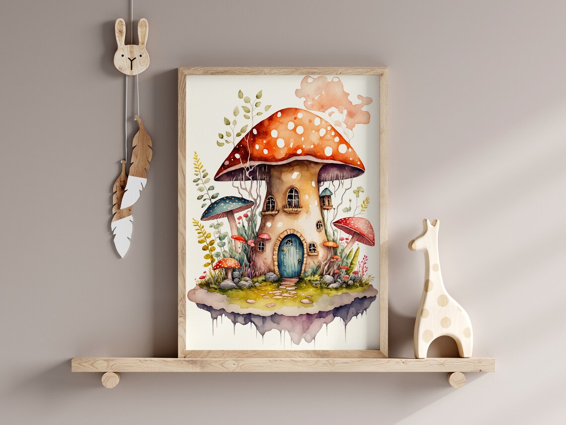 Mushroom House Floating Island Blue Door Watercolor Art Poster - Image 2