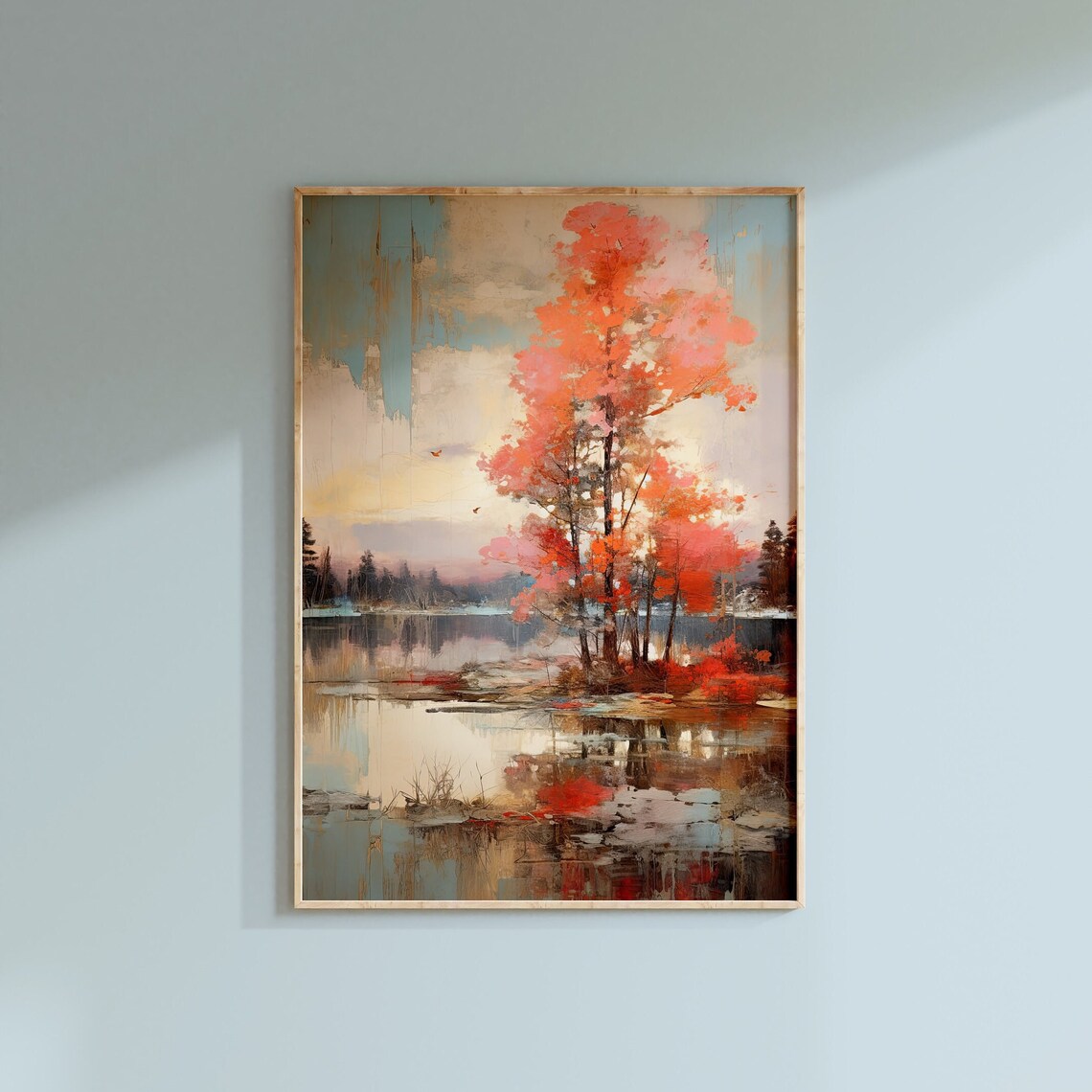 Coral Red Autumn Trees By Tranquil Lake Reflection Art Poster - Image 2