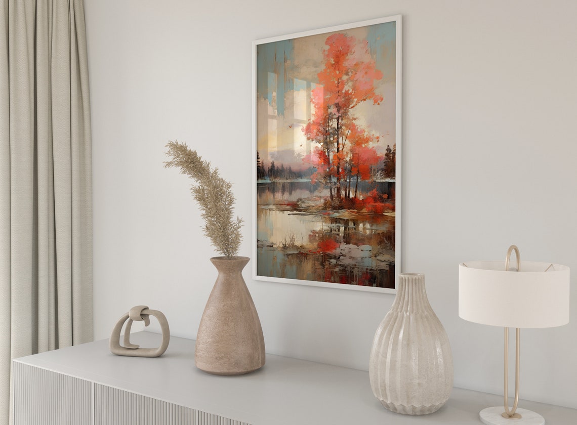 Coral Red Autumn Trees By Tranquil Lake Reflection Art Poster - Image 4
