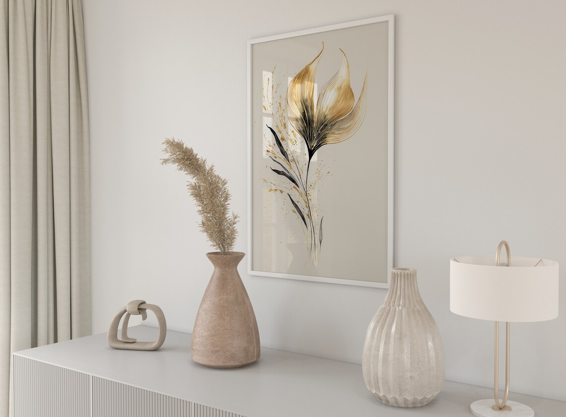 Golden Black Abstract Flower Elegant Botanical Floral Art Print - Image 5