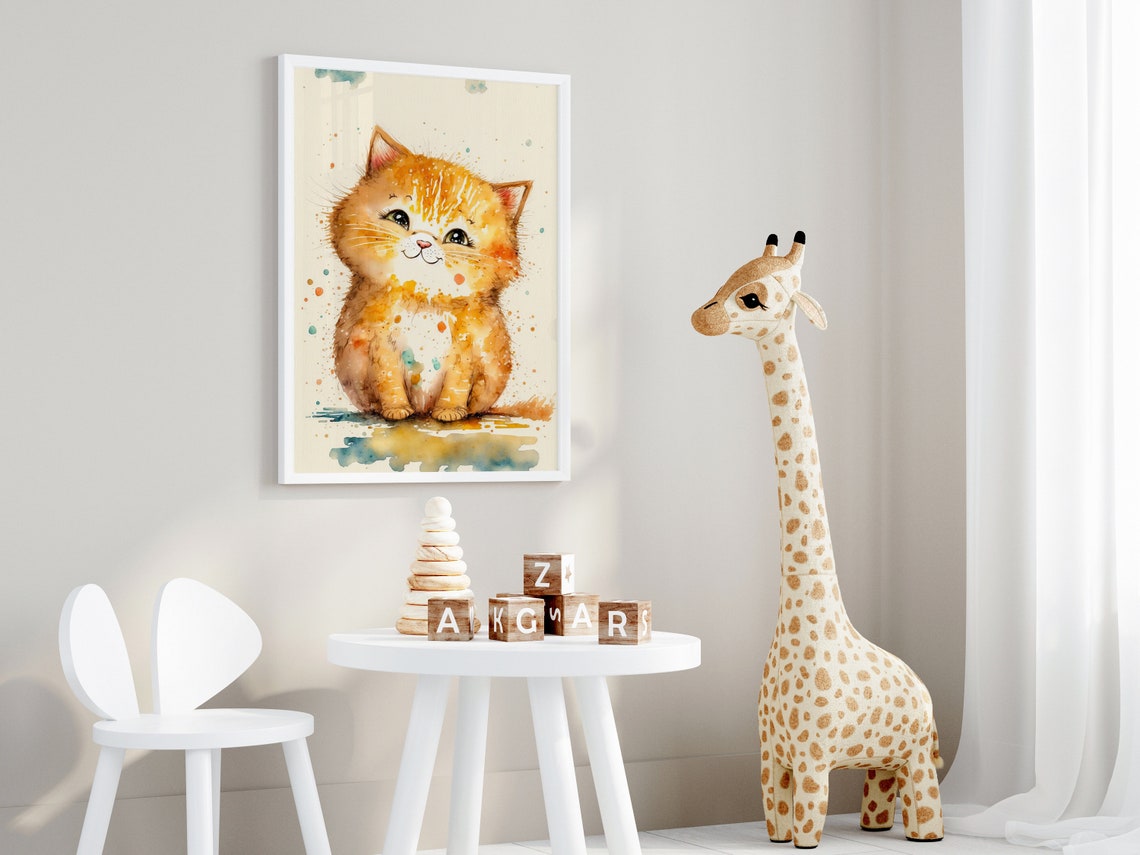 Watercolor Orange Kitten Big Eyes Cute Nursery Cat Art Poster - Image 3
