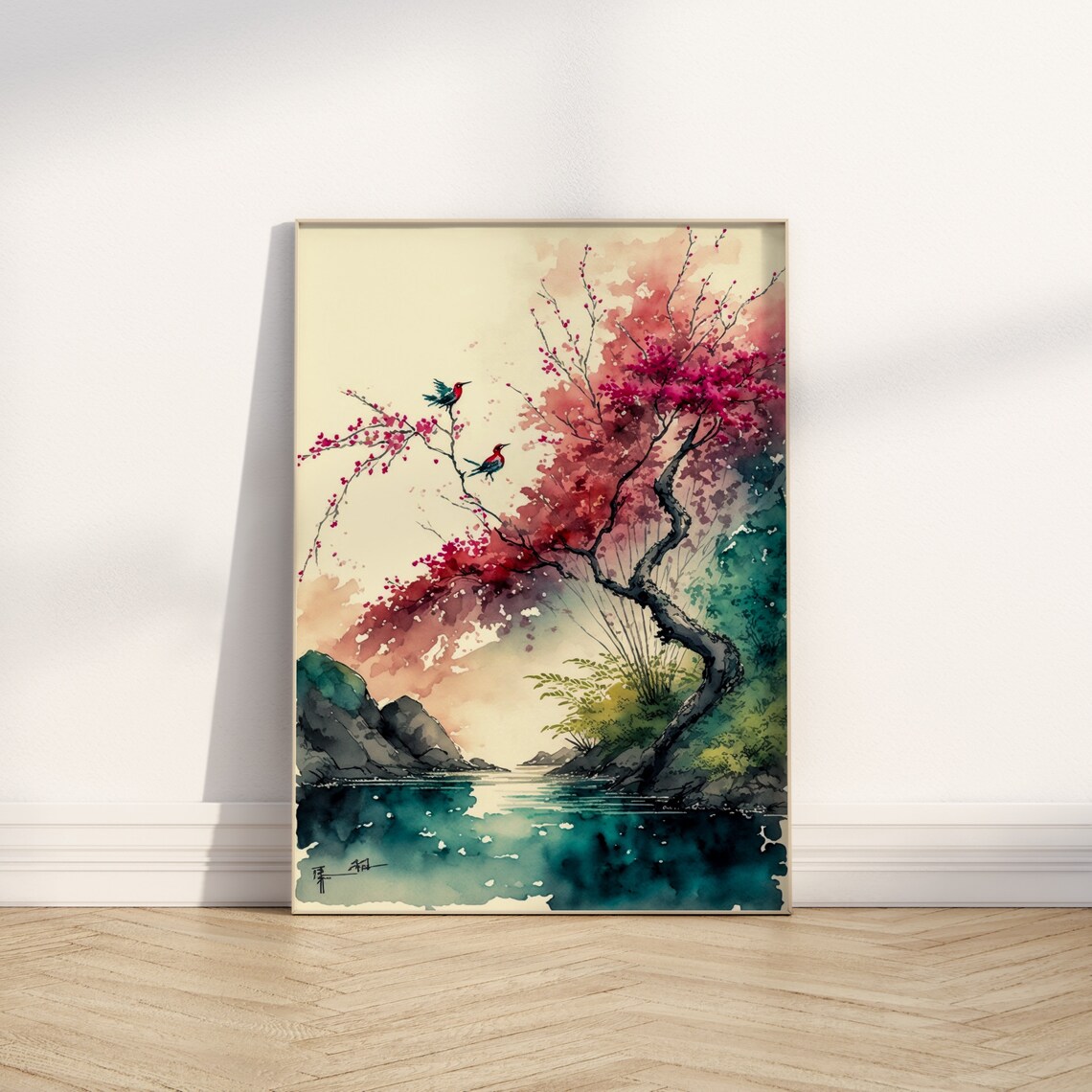 Japanese Blossom Tree Two Birds Over Water Ink Art Style Poster - Image 2