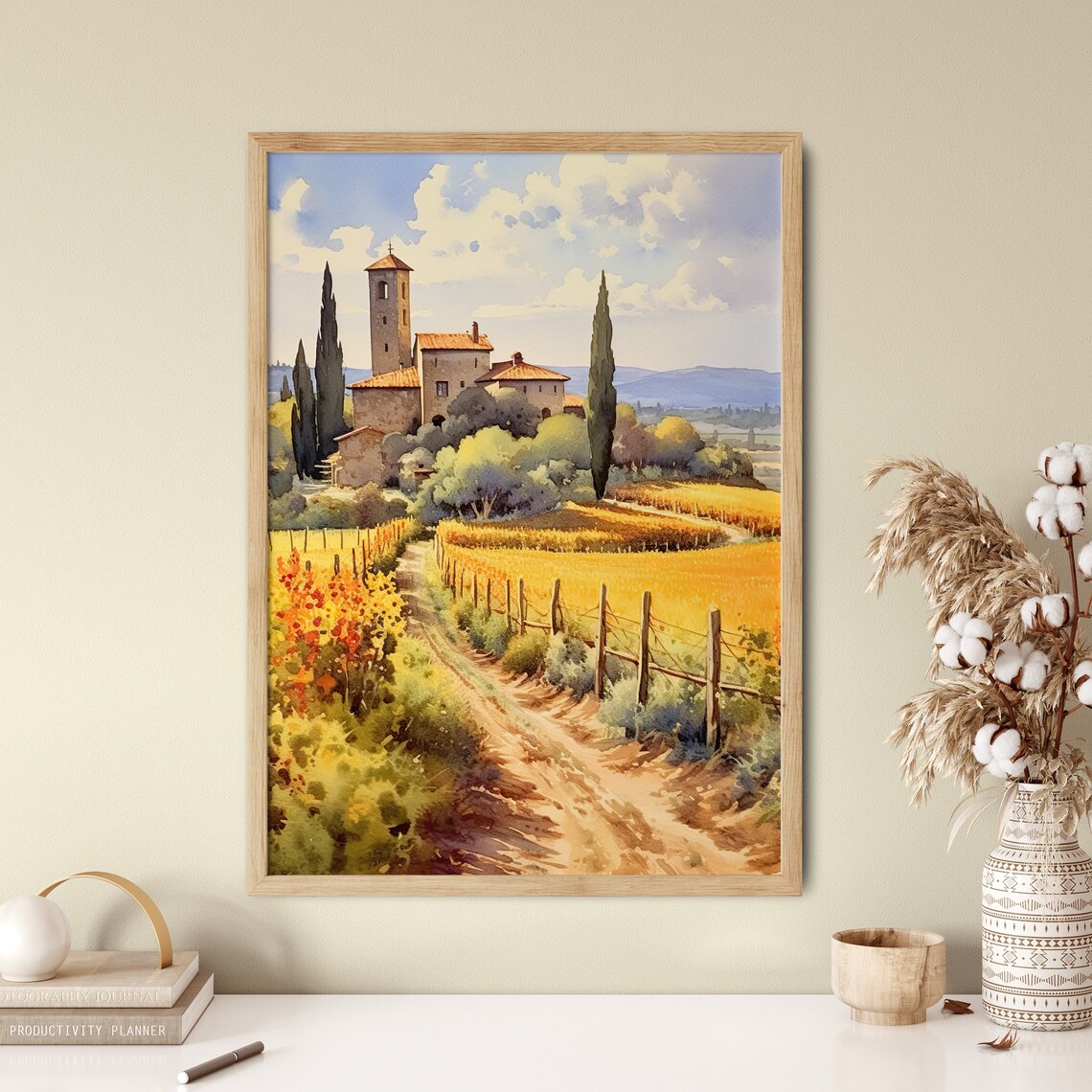Tuscan Church Bell Tower Vineyard Watercolor Italy Landscape Poster - Image 5