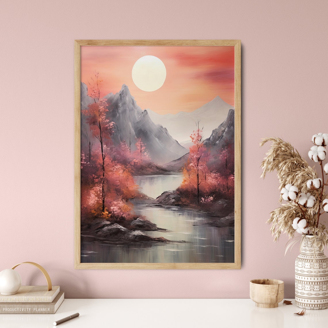 Crimson Sunset Over Tranquil Mountain Lake Pink Sky Landscape Poster - Image 5