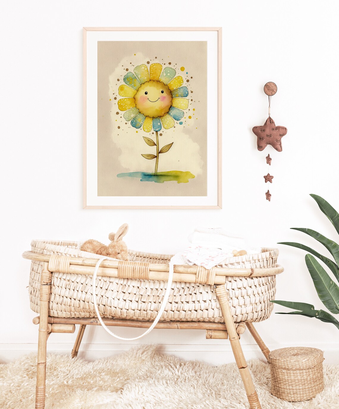 Happy Smiling Flower Face Nursery Watercolor Art Style Poster - Image 3