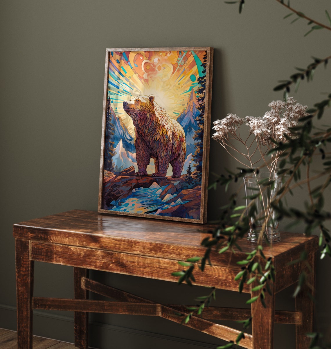 Bear Mountain Sunrise Mosaic Style Colorful Wildlife Art Print - Image 4
