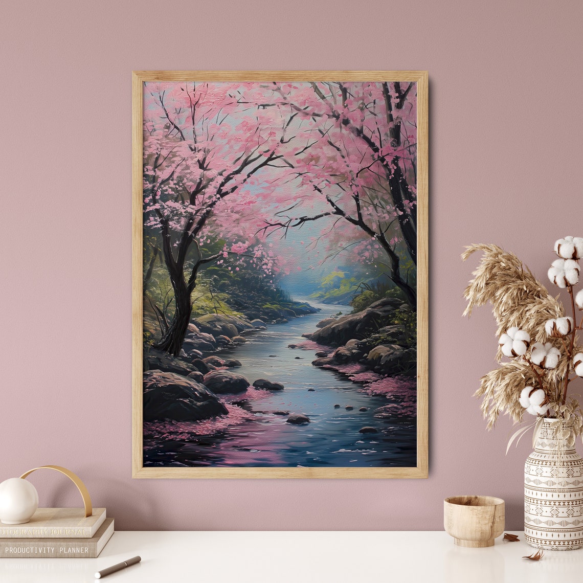 Cherry Blossom Trees Over Misty Rocky River Spring Scene Poster - Image 4