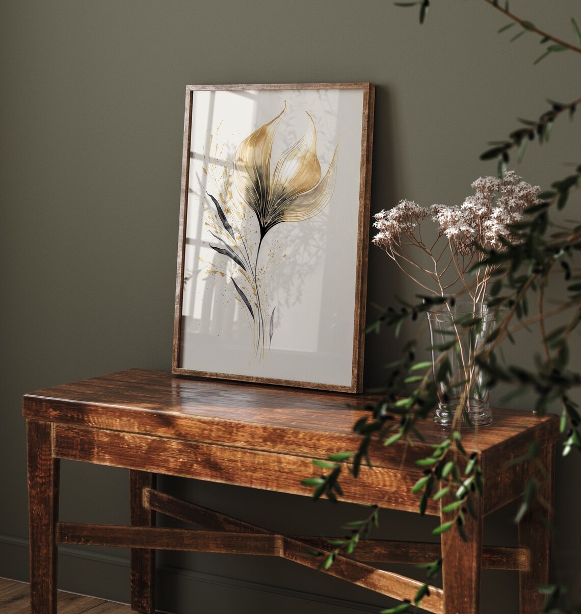 Golden Black Abstract Flower Elegant Botanical Floral Art Print - Image 4