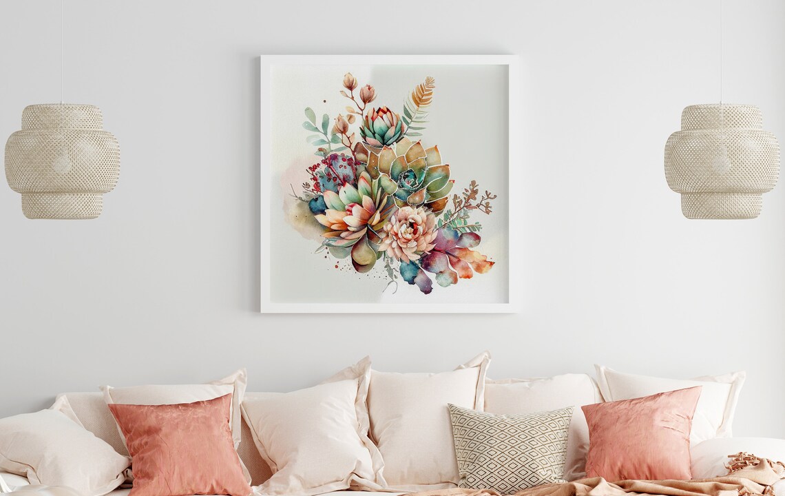 Bright Colorful Watercolor Succulent Bouquet Botanical Wall Art - Image 4