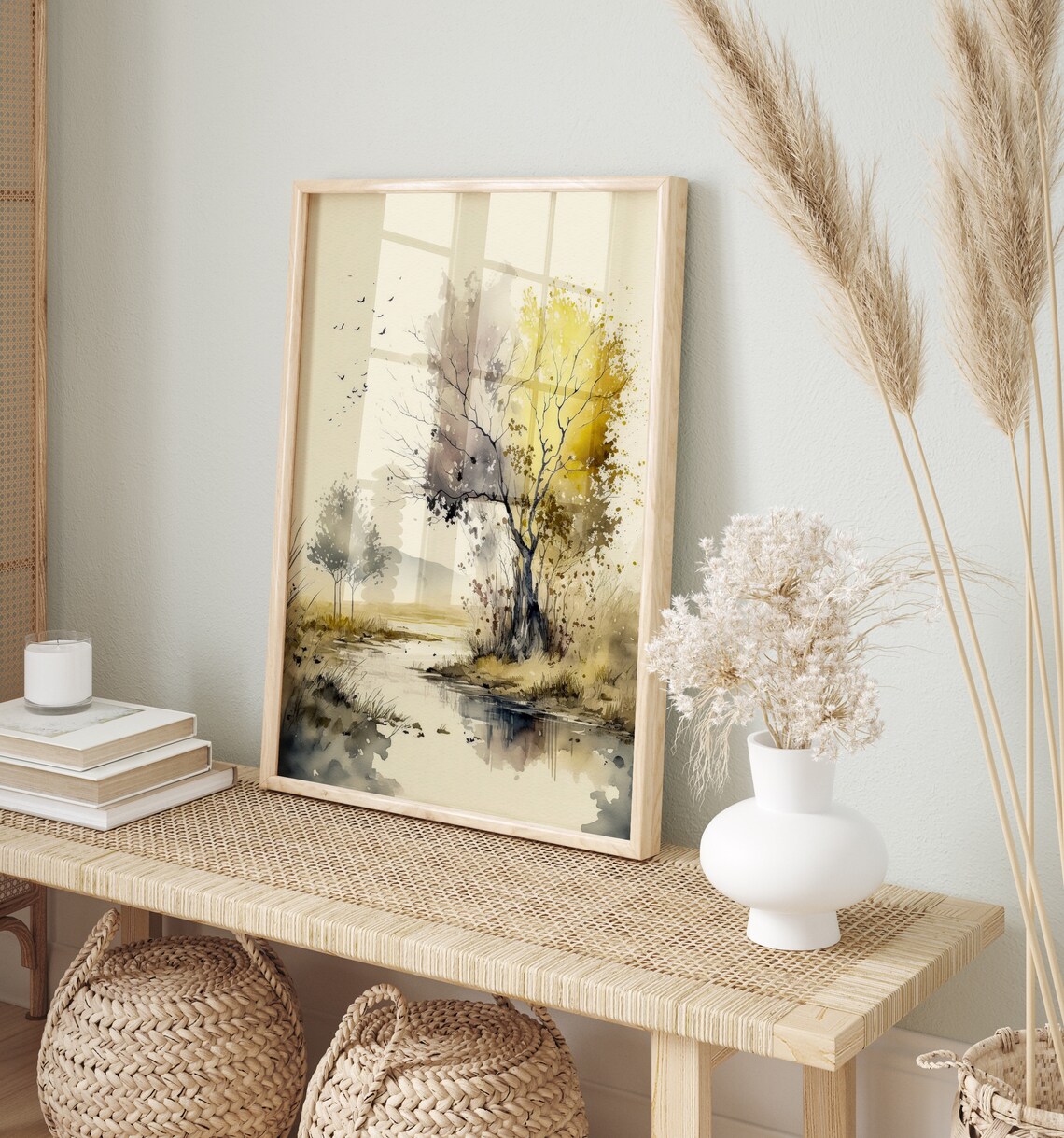 Golden Riverside Tree Misty Watercolor Landscape With Birds Poster - Image 4