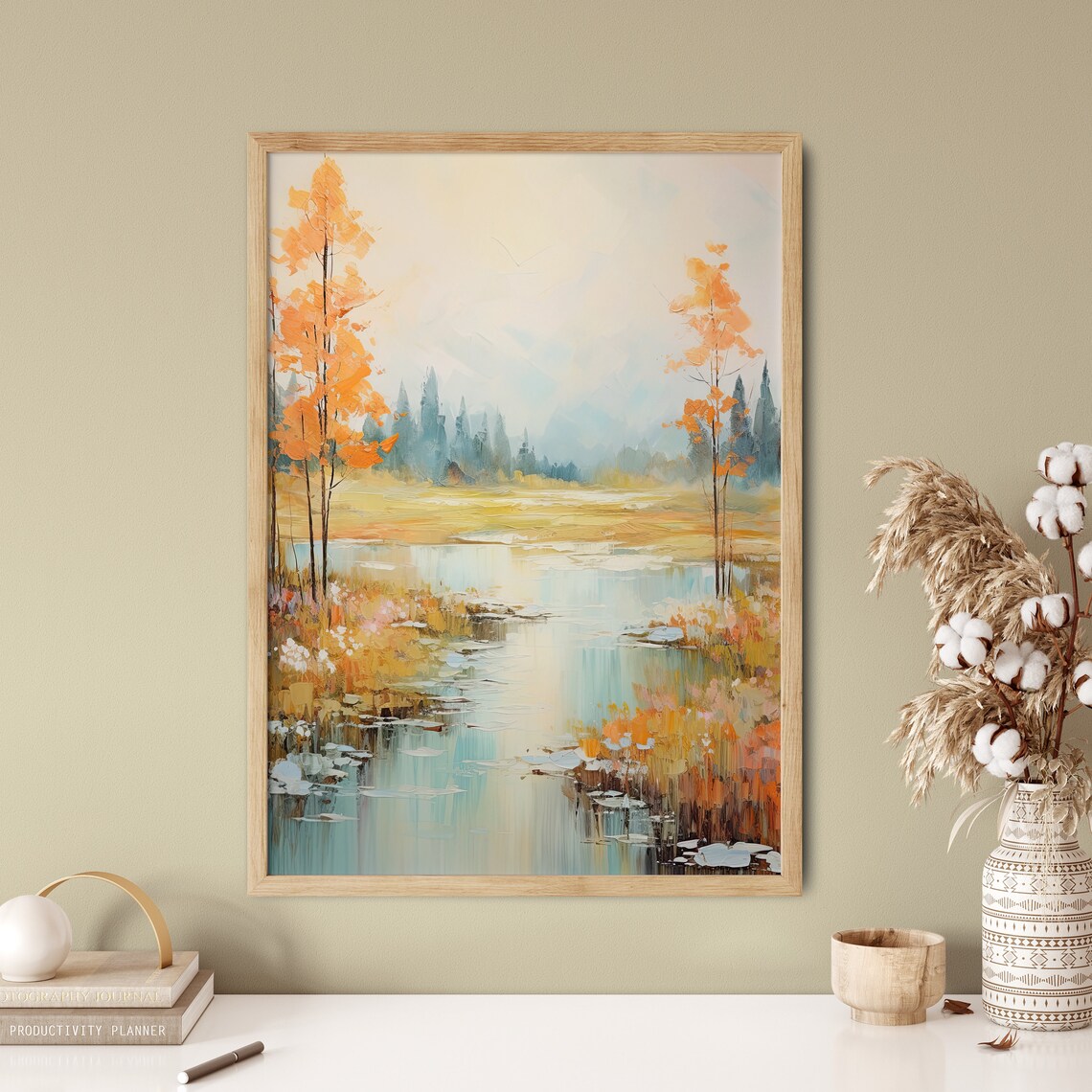 Orange Autumn Trees By Misty Wetland River Impressionist Poster - Image 5