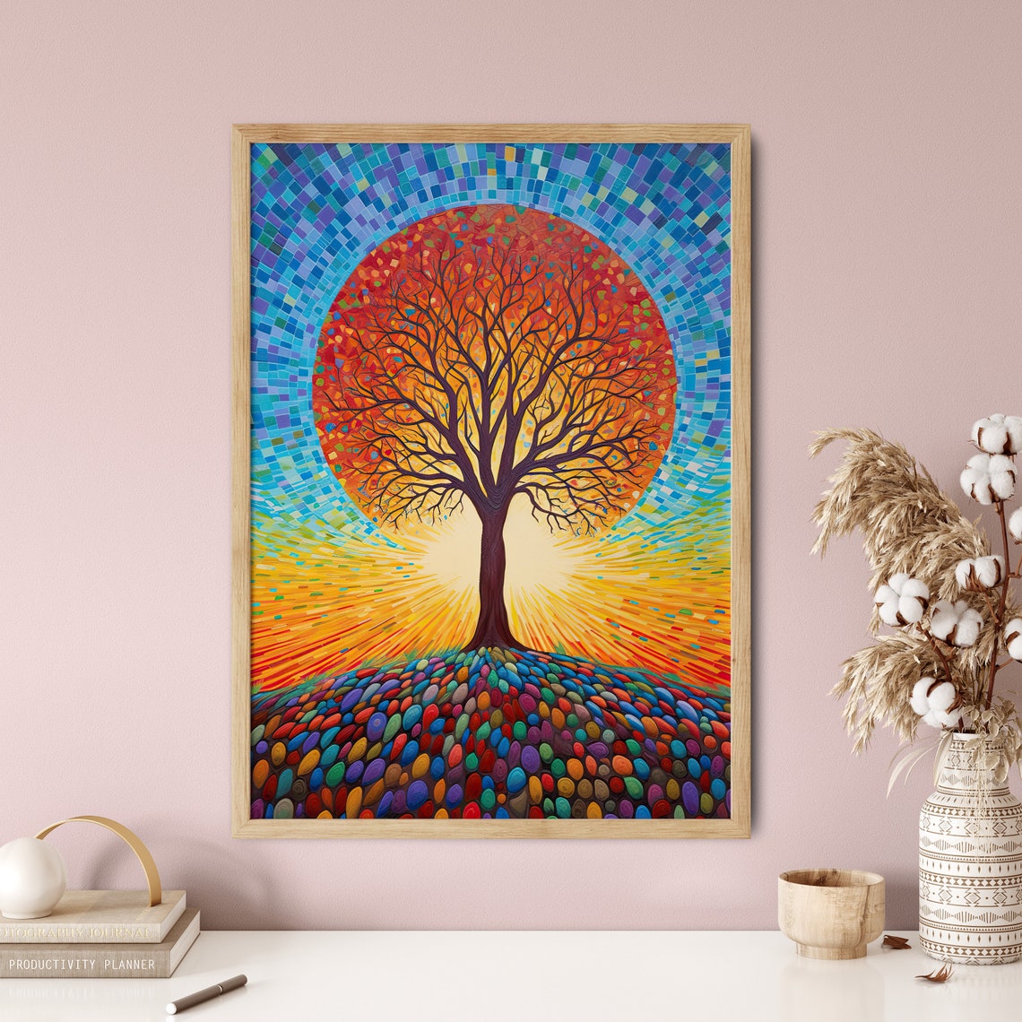 Mosaic Tree Red Sun Disc Blue Sky Colorful Nature Art Poster - Image 5