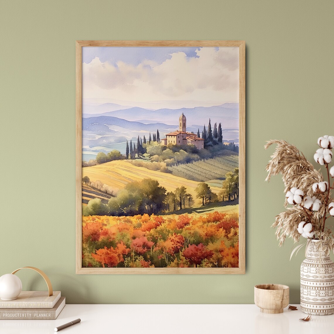 Tuscan Hilltop Village Church Tower Watercolor Italian Art Print - Image 5