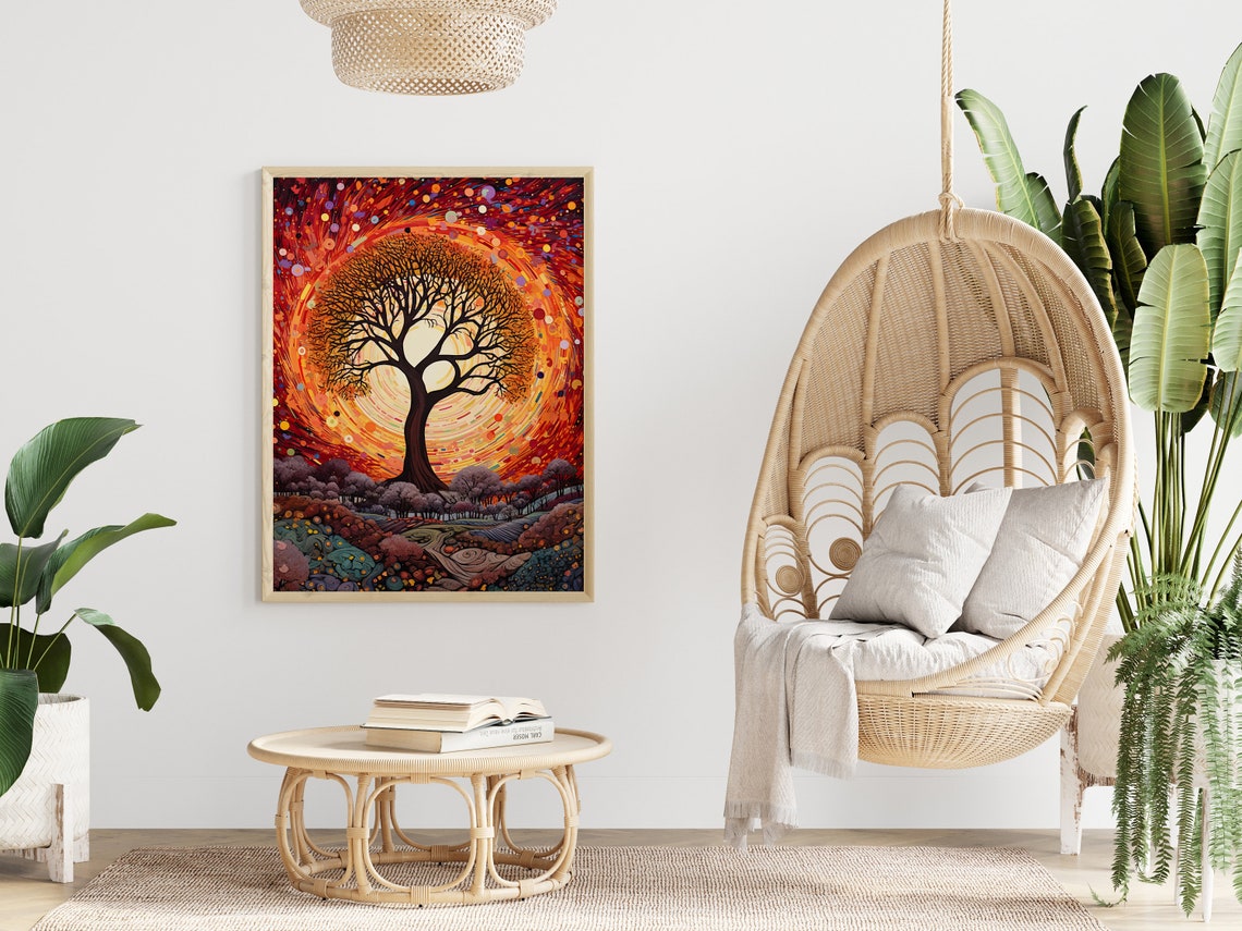 Red Sunset Tree of Life Mosaic Night Sky Vibrant Landscape Poster - Image 4