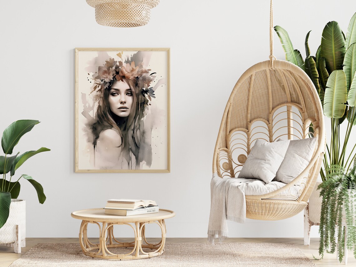 Watercolor Woman Floral Crown Portrait Elegant Neutral Boho Art Print - Image 4