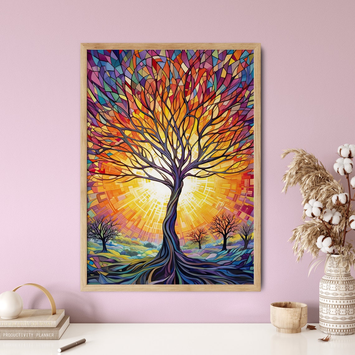 Fiery Tree Of Life Mosaic Sunset Stained Glass Nature Poster - Image 5