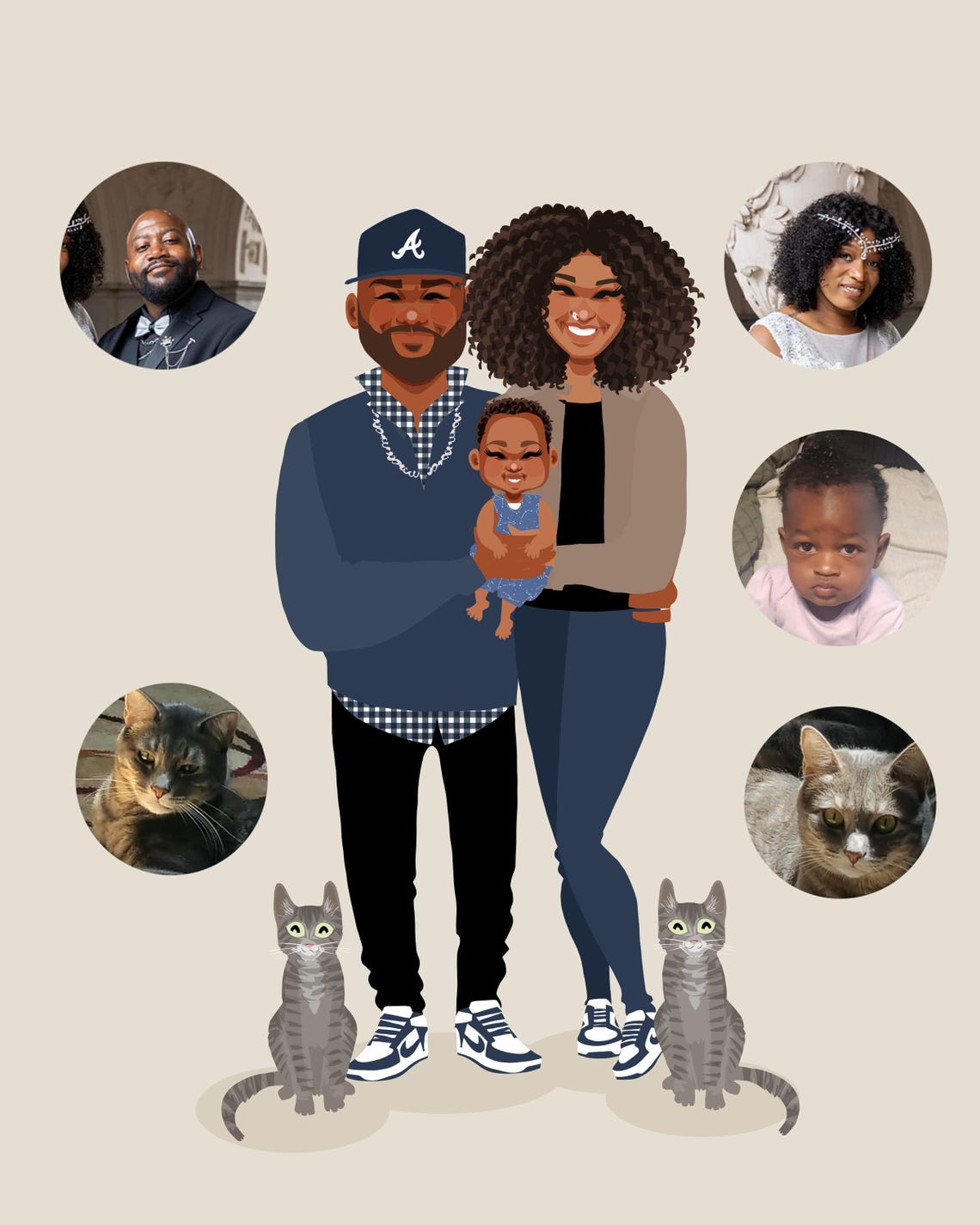 Custom Illustrated Family Portrait With Baby and Two Gray Cats Poster - Image 5