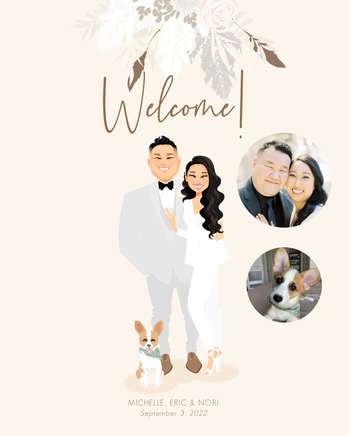 Welcome Custom Modern Wedding Couple Portrait with Corgi Poster - Image 4