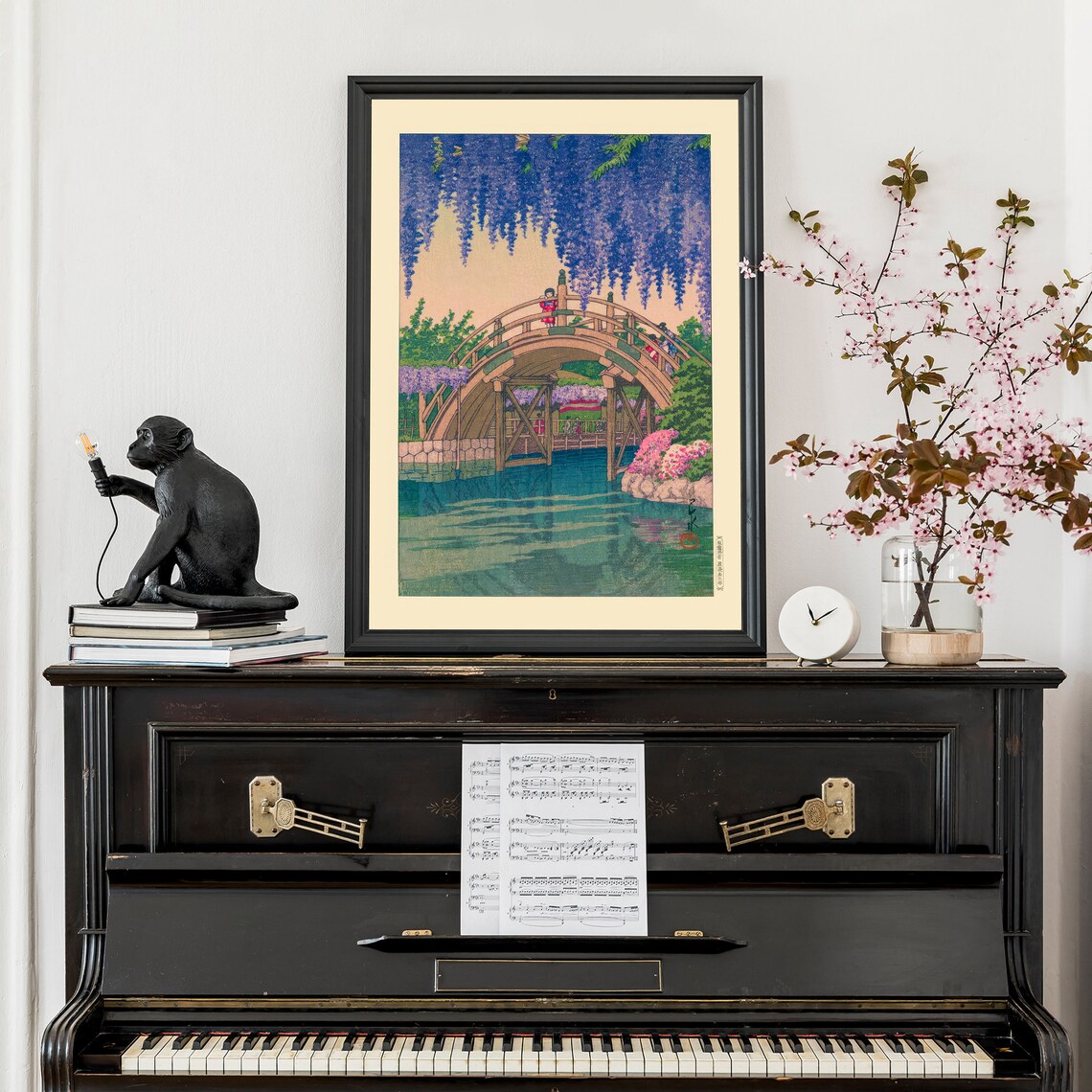 Japanese Wisteria Bridge Garden Woodblock Style Floral Art Poster - Image 2