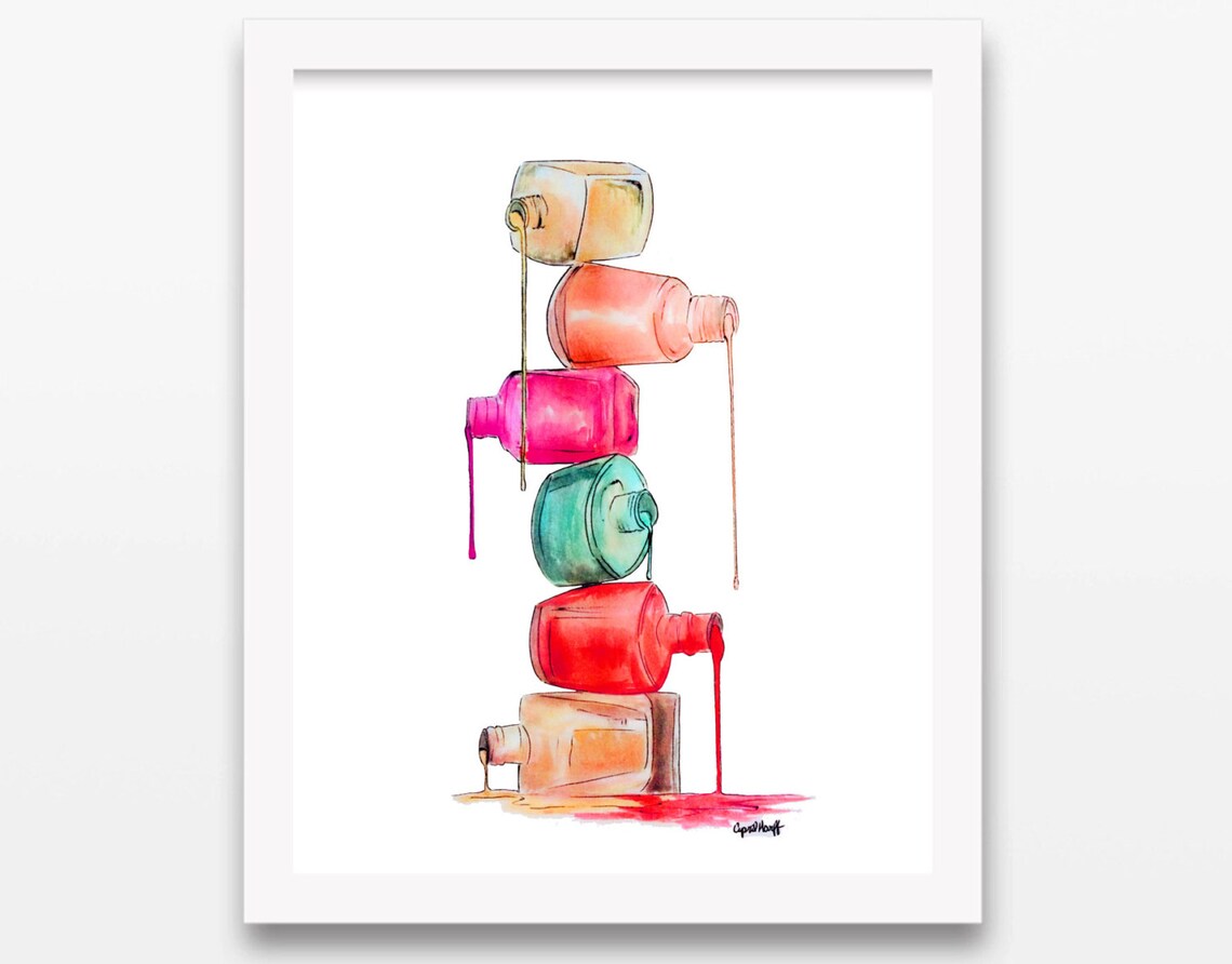 Tower of Stacked Nail Polish Bottles Watercolor Beauty Poster - Image 3