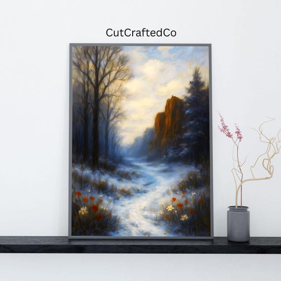 Winter Forest Path Wall Art Snowy Landscape Print Golden Cliff Sunrise Poster Tranquil Nature Painting
