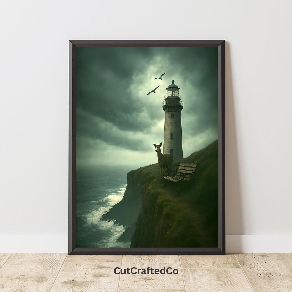 Moody Lighthouse on Rocky Cliff with Deer at Stormy Dusk Wall Art