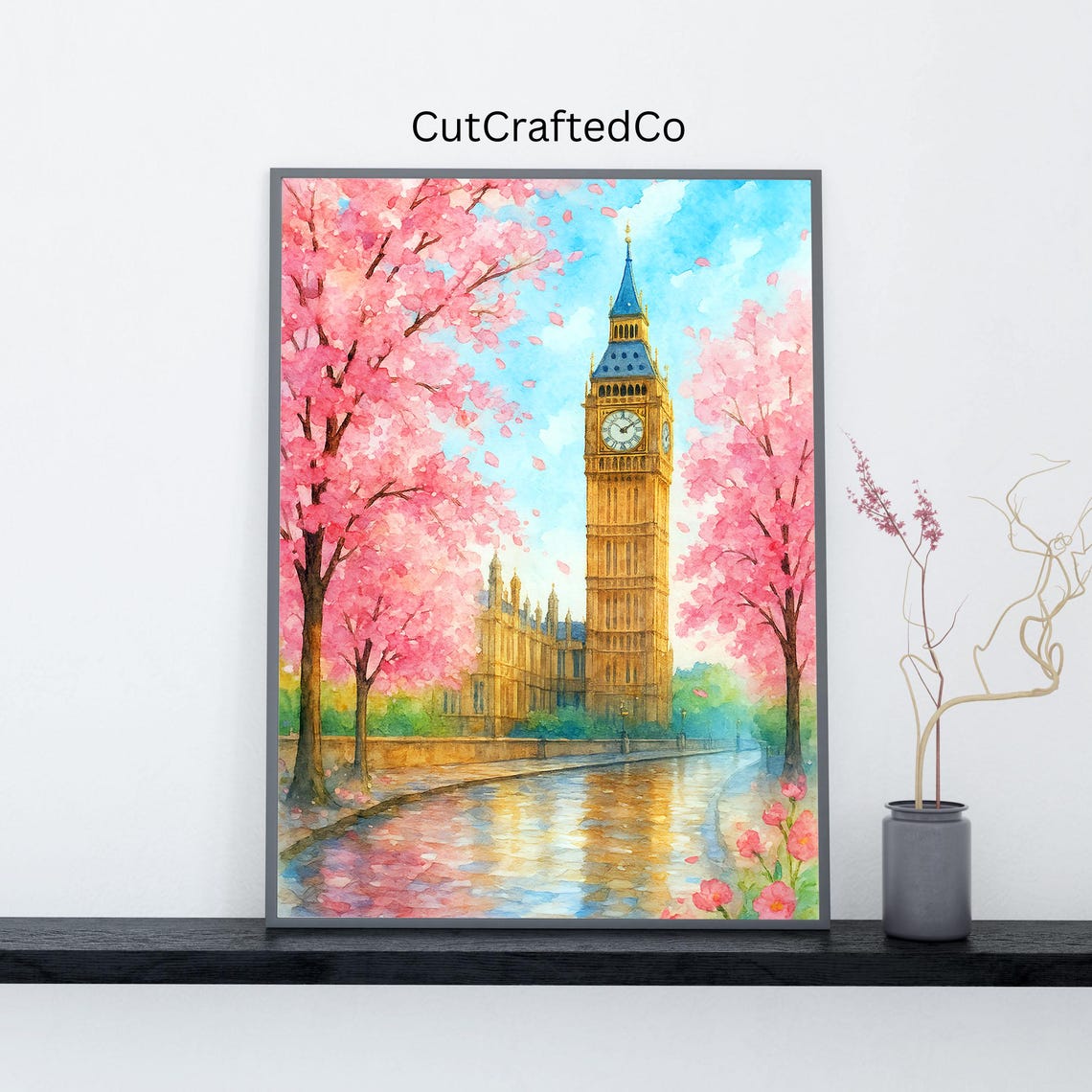 Big Ben London Cherry Blossom Spring Watercolor Scene Poster