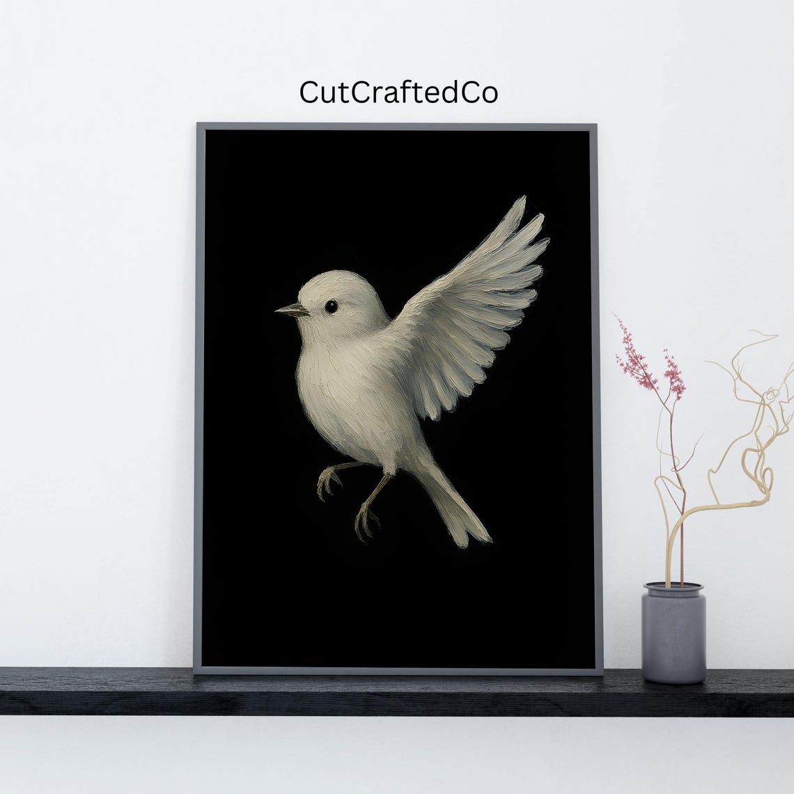 White Bird in Flight on Black Background Oil Painting Art Poster