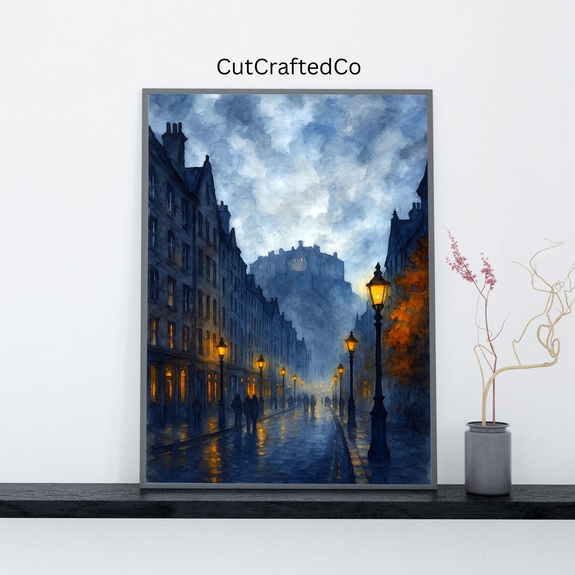 Edinburgh Royal Mile Misty Evening Watercolor Castle View Poster