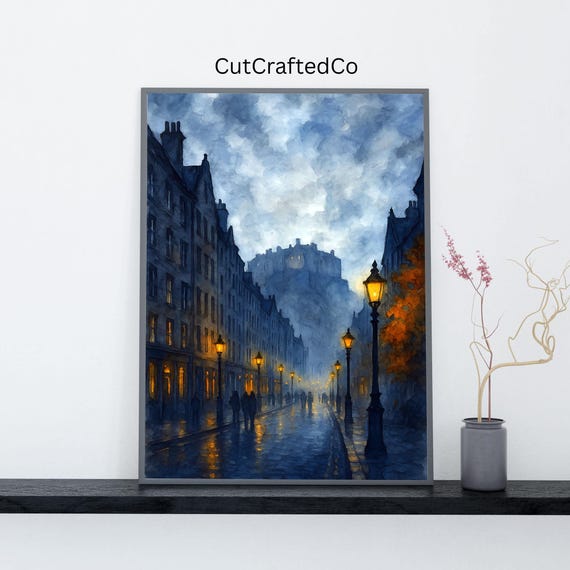 Edinburgh Castle Wall Art Royal Mile Watercolor Print Scotland Cityscape Misty Evening Uk Travel Poster Instant