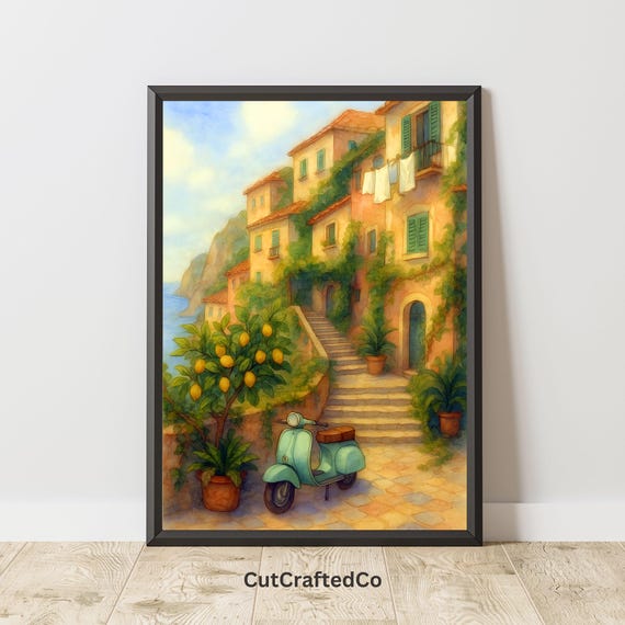 Mediterranean Village Print Coastal Italy Wall Art Lemon Tree Scooter Poster Seaside Terracotta Home Decor
