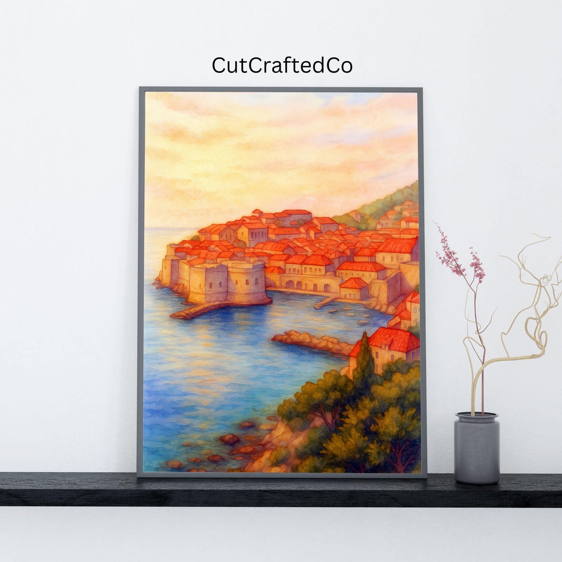 Dubrovnik Sunset Harbor Watercolor Red Rooftop Old Town Poster